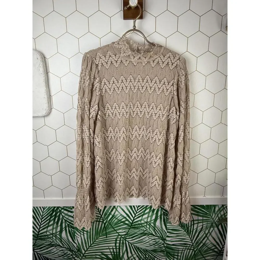 Free People Tan Lace Long Sleeve Tunic Top - Size - Medium